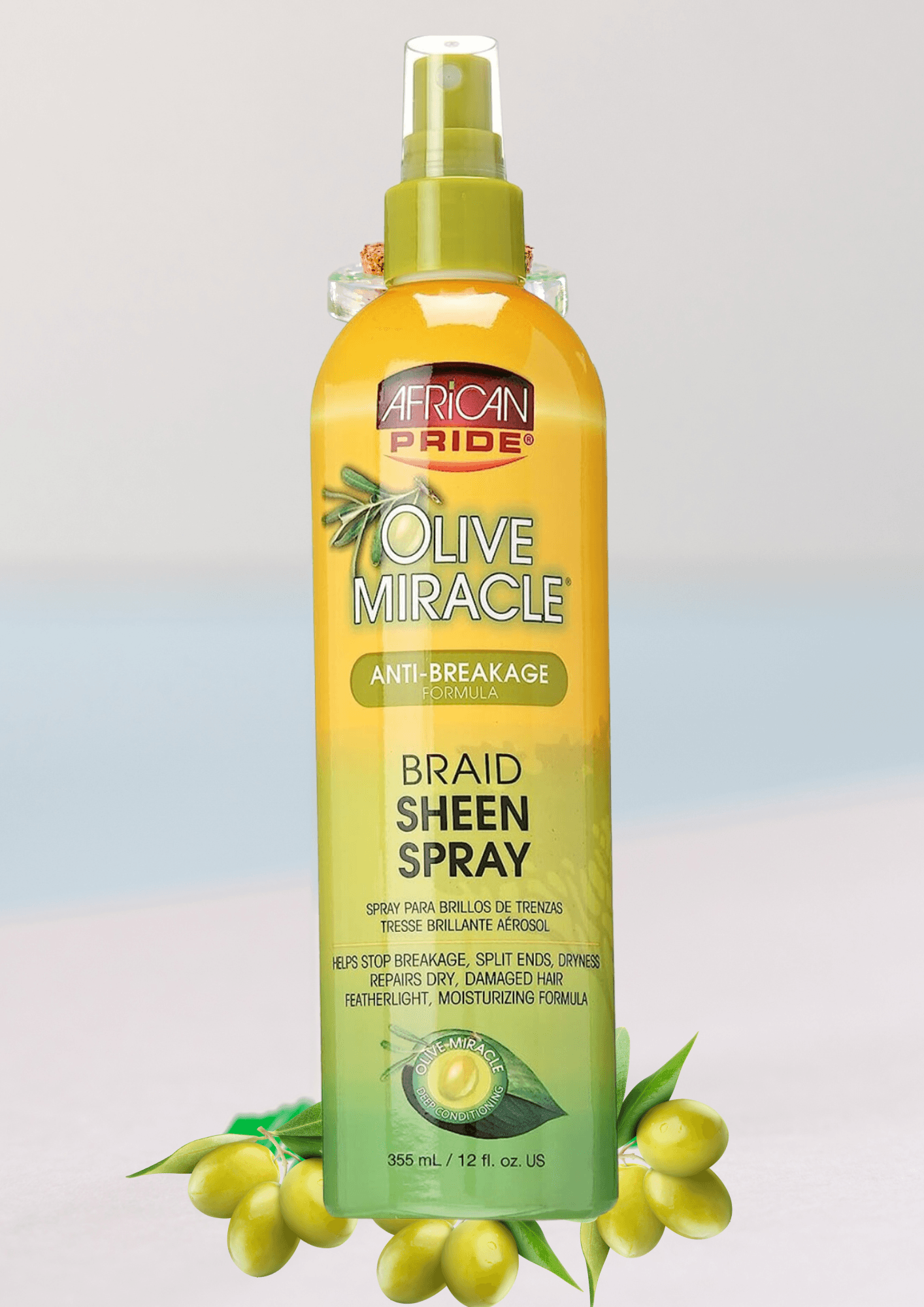 African Pride Olive Miracle Braid Sheen Spray Anti Breakage Tension Relief 355ml