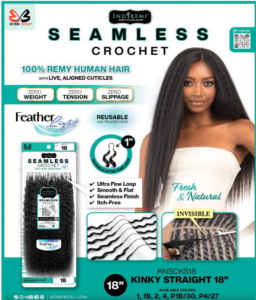 Bobbi Boss HH Seamless Crochet Kinky Straight 18″ – 100% Remy Human Hair Crochet Braids